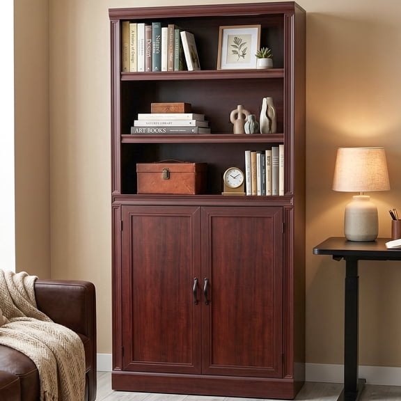 75.2" Tall Bookcase, 6-Tier Bookshelf with 2 Doors for Living Room, Kitchen, Home Office, Classic Cherry Finish