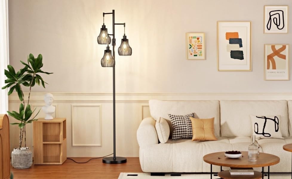 75.2" Tall Industrial Floor Lamp with 3 Unique Birdcage Shade Design, Dimmable LED Edison Bulbs Included, Modern Standing Lamp for Living Room, Bedroom, Office – Extra Height for Ultimate Ambiance