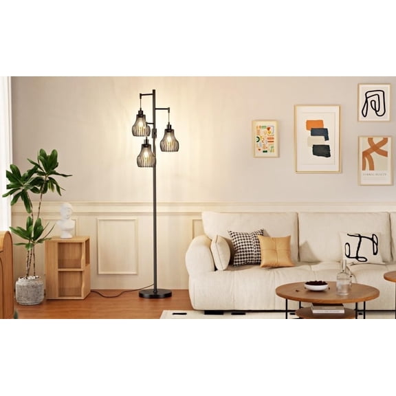 75.2" Tall Industrial Floor Lamp with 3 Unique Birdcage Shade Design, Dimmable LED Edison Bulbs Included, Modern Standing Lamp for Living Room, Bedroom, Office – Extra Height for Ultimate Ambiance