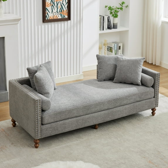 75.2'' Wide Upholstered Chaise Lounge Indoor with Nailheads,Chenille Sleeper Sofa Couch With 4 Throw Pillows&2 Bolsters,Daybed with Rubberwood Legs For Living Room,Bedroom, Apartment,Guestroom,Gray