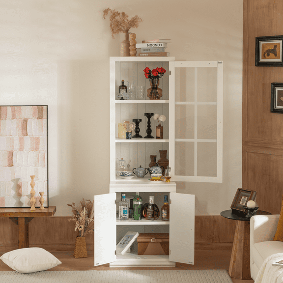 75.25'' Tall Display Cabinet with Single Tempered Glass Door, China Cabinet Hutch Cabinet with Double-Action LH & RH Door for Living Room, Kitchen, Home, Studio - White