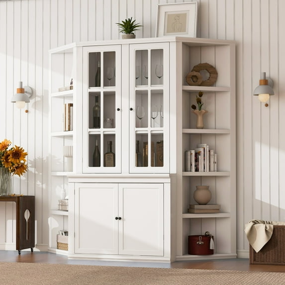 75.25'' Tall Display Cabinet with Single Tempered Glass Door, China Cabinet Hutch Cabinet with Double-Action LH & RH Door for Living Room, Kitchen, Home, Studio or Workspace - White