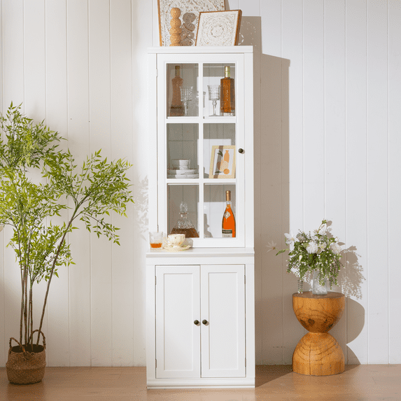 75.25'' Tall Freestanding Pantry Cabinet with Glass Door & Lattice Window, Farmhouse Display Cabinets with Storage, Hutch with Double-Action LH&RH Door