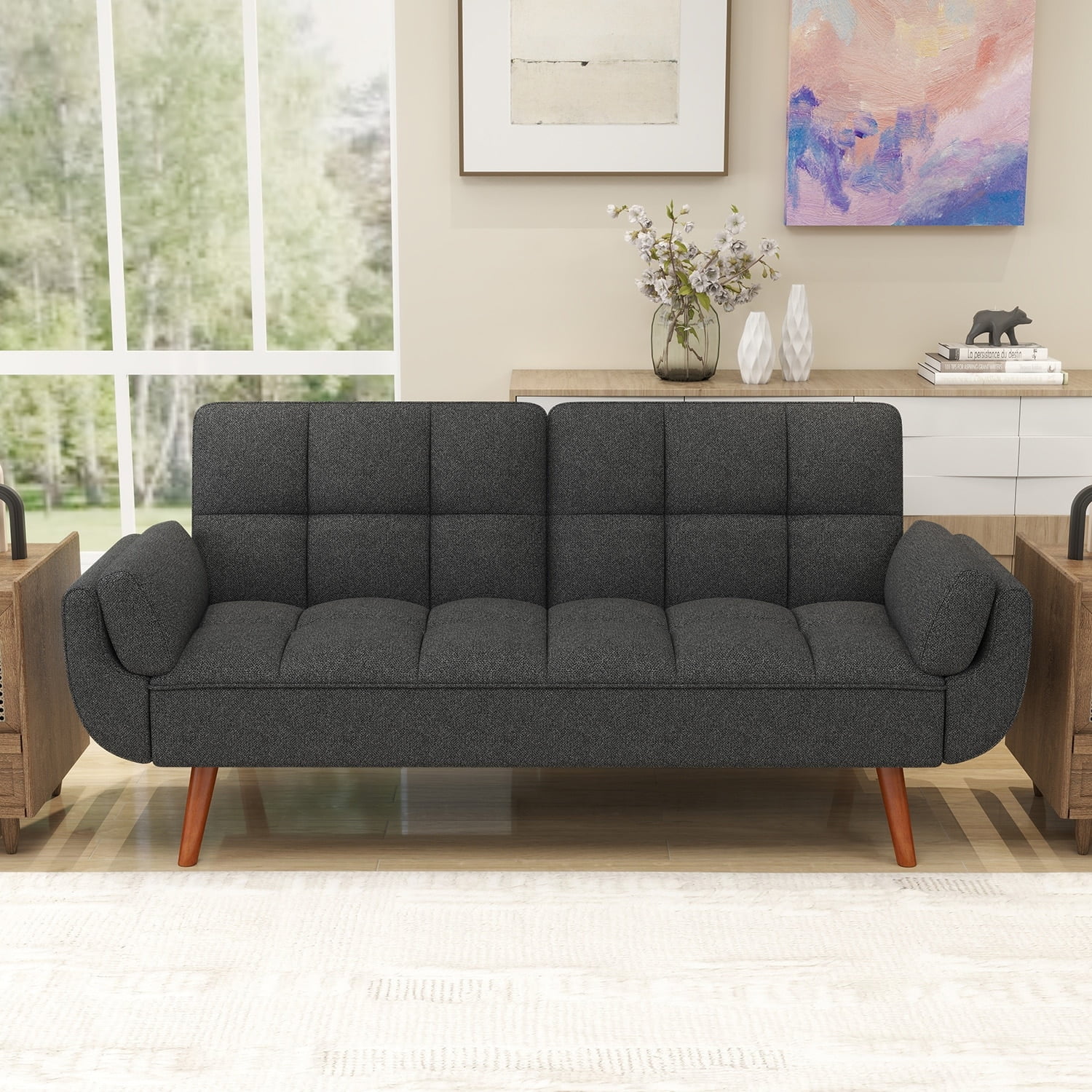 Dark Gray Linen Fabric Pillow Back Loveseat with Wooden Legs