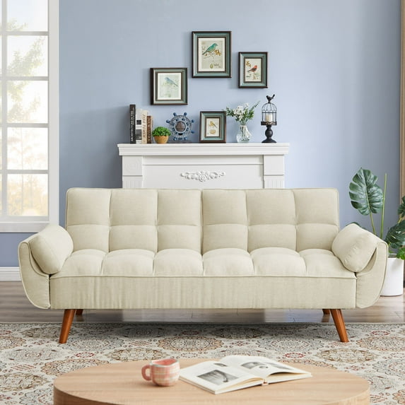 75.39'' Loveseat Sofa, Modern Linen Futon Sofa Bed with Adjustable Backrest, Convertible Upholstered Sleeper Couch with Solid Wood Legs for Small Space, Apartment, Dorm, Office, Beige