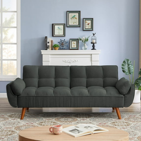 Convertible Sleeper Couch Bed with 2 Pillows, New Design Linen Sofa with Adjustable Backrest & Wood Legs, Linen Upholstery Sofa with Armrests for Living Room & Apartment, Dark Grey