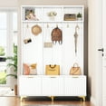 thumbnail image 1 of 75.4" Large Storage Hall Tree, Modern Multi-Functional Storage Bench with High Gloss Fluted Doors, Luxurious Coat Rack with 6 Gold Hooks, Tall Storage Cabinet for Living Room, Living Room, White, 1 of 9