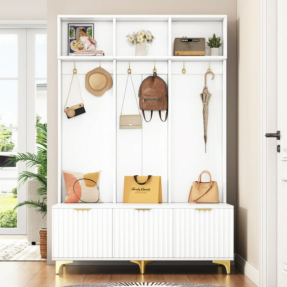 75.4" Large Storage Hall Tree, Modern Multi-Functional Storage Bench with High Gloss Fluted Doors, Luxurious Coat Rack with 6 Gold Hooks, Tall Storage Cabinet for Living Room, Living Room, White