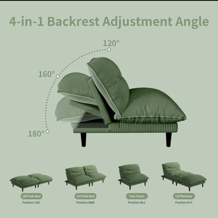 75" 4-in-1 Corduroy Futon Couch - Convertible to Lounger, Tatami & 2 Chairs, 3-Angle Adjustable Backrest, Solid Wood Frame, 300 LBS Capacity,Green