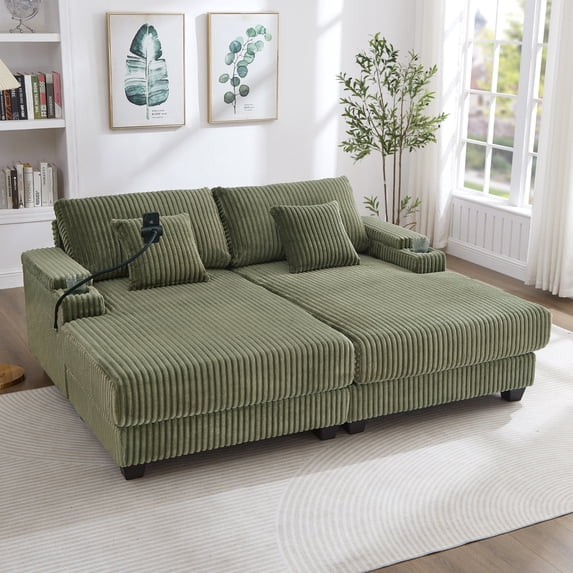 75.5" Double Chaise Lounge with Adjustable Backrest, Sleeper Sofa Bed with Cup Holders, Phone Holder and Armrest Storage, Corduroy Loveseat Sofa for Living Room, Green