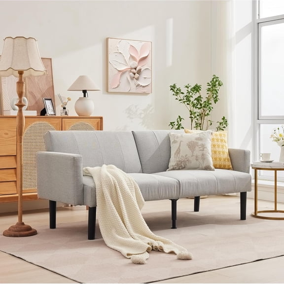 75.5 Inch Convertible Linen Futon Sofa Bed with 3-Position Split Adjustable Backrest, 700 lbs FSC Certified Wood Frame Sleeper Couch for Small Apartment Living Room Dorm Guest Room