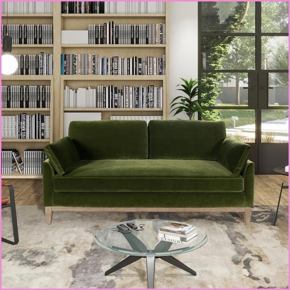 75.5'' Modern Farmhouse Sofa | Rubber Wood Frame | Olive Green Performance Velvet | Cushion Back