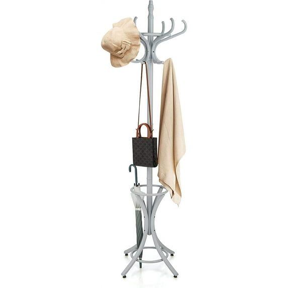 75.5" Standing Coat Rack, Wood Coat Tree with 12 Hooks, Home Hat Jacket Hanger Tree 12 with Umbrella Holder Coat Stand (Grey)