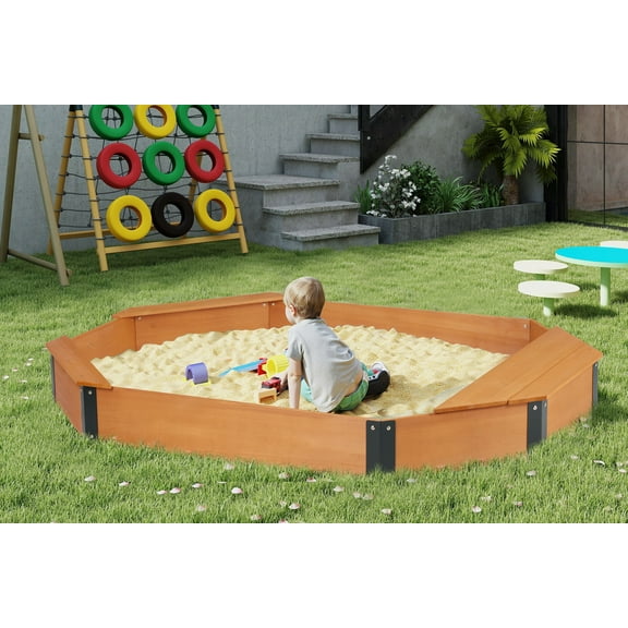 75.5''x53''x8.5'' Wooden Octagon Sandbox with Storage, Large Sandpit with Cover for Kids Outdoor Patio Backyard Play, Easy & Quick Assemble