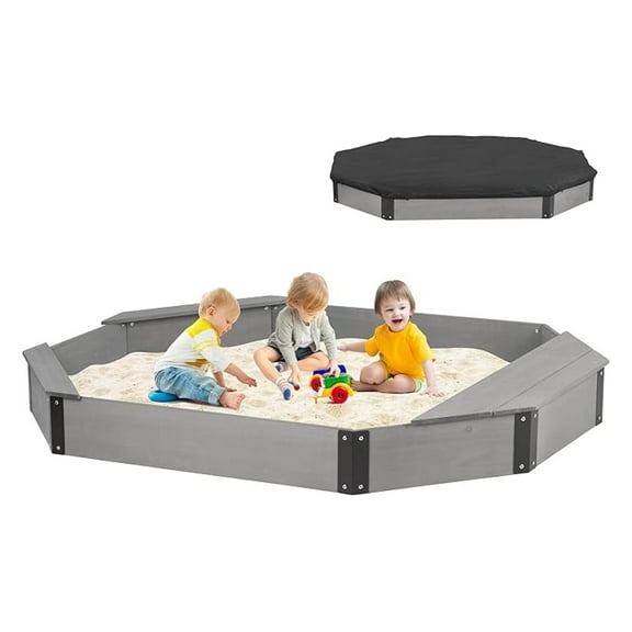 75.5''x53''x8.5'' Wooden Octagon Sandbox with Storage, Large Sandpit with Cover for Kids Outdoor Patio Backyard Play, Easy & Quick Assemble