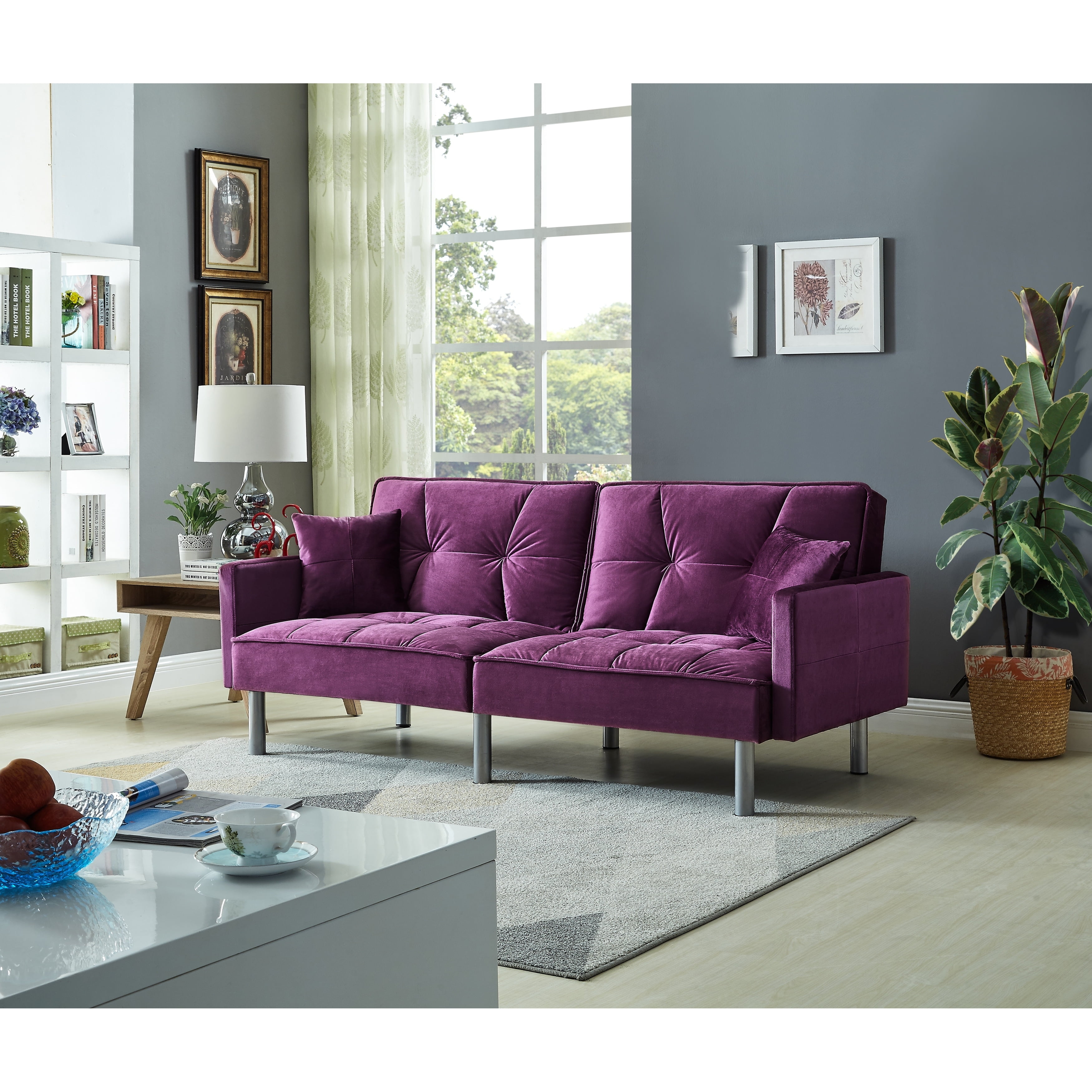 76.75" Purple Velvet Tufted Convertible Loveseat