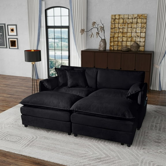 75.6" Loveseat Cloud Couch with 30-inch Deep Seat and 2 Ottomans, Comfy Chenille Modular Sectional Sofa with Double Cushion and Side Pockets for Living Room, Black