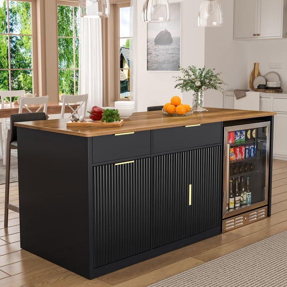 75.6"W Large Kitchen Island with Fridge Space, Modern Kitchen Bar Island Table
