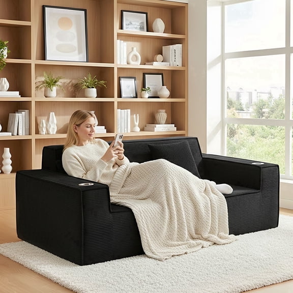 76'' Corduroy Oversized Loveseat, 3-Seater Boneless Cloud Sofa with Built-in Cup Holders, No Assembly Compression Couch, Ideal for Apartment, Black