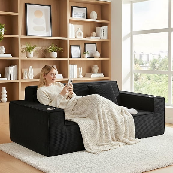 76'' Corduroy Oversized Loveseat, 3-Seater Boneless Cloud Sofa with Built-in Cup Holders, No Assembly Compression Couch, Ideal for Apartment, Black