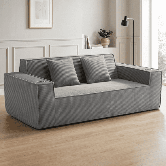76'' 3 Setaser Sofa, Comfy 3 Seater Cloud Couch for Living Room with Cup Holders, No Assembly Required, Grey