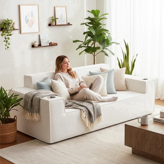 76'' Large Corduroy Loveseat, 3-Seater Boneless Sofa with Built-in Cup Holders, No Assembly Compression Couch, White