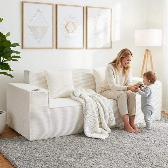 76'' Large Corduroy Loveseat, 3-Seater Boneless Sofa with Built-in Cup Holders, No Assembly Compression Couch, White