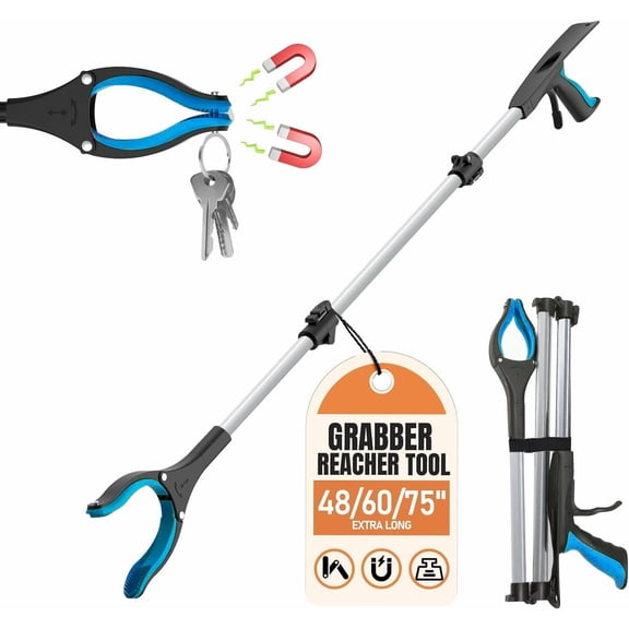 75/60/48 Inch Extra Long Grabber Reacher Tool, Easy Foldable Reacher Grabber, Dual Magnetic Tip Pickup Tool Trash Picker, Strong Grip Aid for Upper Shelves, Elderly, Surgery Recovery Must Have