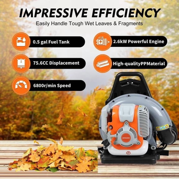 75.6CC Gas Backpack Leaf Blower, 4-Stroke High-Performance Blower with Innovative Air System for Seamless Startup, Lightweight Design for One-Handed Operation
