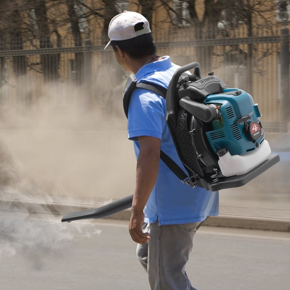 75.6cc 4-Stroke Backpack Leaf Blower, 2.6kW Gas Powered Snow Blower Lawn Blower with 498 CFM Air Volume, 66 Adjustable Pipe, 0.5 Gal Fuel Tank  Commercial Grade for Yard, Garden, Construction,Blue