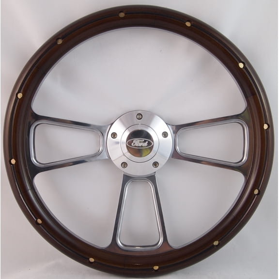 75-77 FORD Bronco Full-size 14" Stained Mahogany with Rivets Brass Wood Billet Polished Steering Wheel Set Adapter & Horn