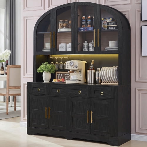 75.8" Tall Arched Farmhouse Kitchen Pantry Cabinet with LED & Charging Station, 55" Wide Storage Hutch with Drawers & Barn Doors, Black