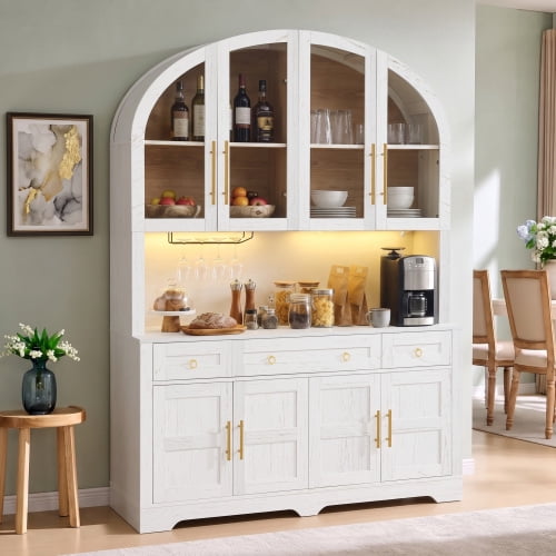 75.8" Tall Arched Farmhouse Kitchen Pantry Cabinet with LED & Charging Station, 55" Wide Storage Hutch with Drawers & Barn Doors, White