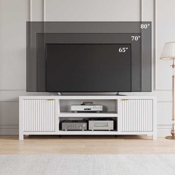 75-80 Inch Fluted TV Stand, Natural Oak Entertainment Center with Adjustable Shelves & 2-Tier Storage, Modern Media Console Cabinet with Fluted Doors, Gold Handles, Cable Management, for Living Room,