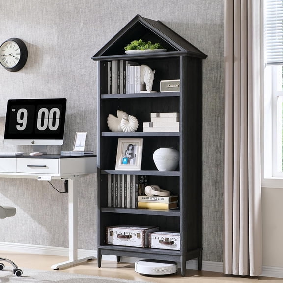 75.9" Tall Angled Arch 5-Tier Geometric Bookcase with Adjustable Shelves, Dark Grey