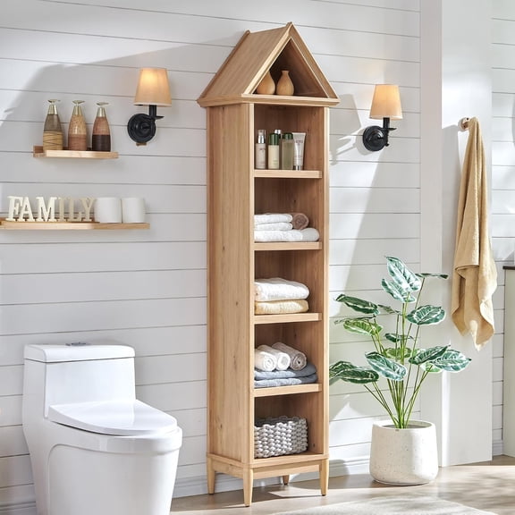 75.9" Tall Angled Arch Bathroom Cabinet, 5 Tiers Geometric NarrowCabinet with Storage, Modern Triangular Top Angled Arch with Adjustable Shelves, Cabinet w/Open Display Shelves,