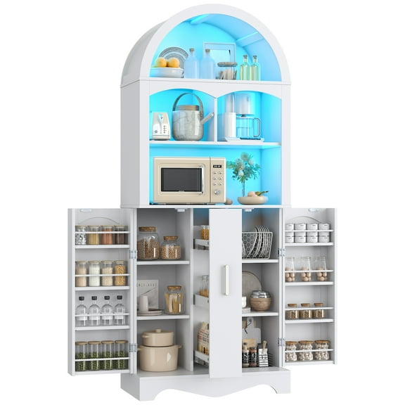 75 Arched Pantry Cabinets with Microwave Shelf, Tall Kitchen Pantry Storage Cabinet with Drawer and Adjustable Shelves, Cupboards with LED Light for Kitchen, Living Room, Dining Room Use