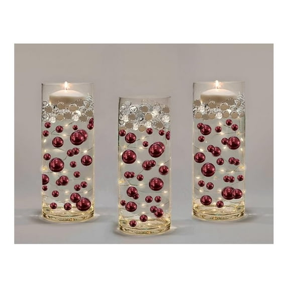 75 Burgundy Floating Pearls-Shiny-Large Sizes-Fills 1 Gallon of The Most Transparent Water Gels for Your Vases with Exclusive Measured Floating Kit-and 3 White Submersible Lights Strings