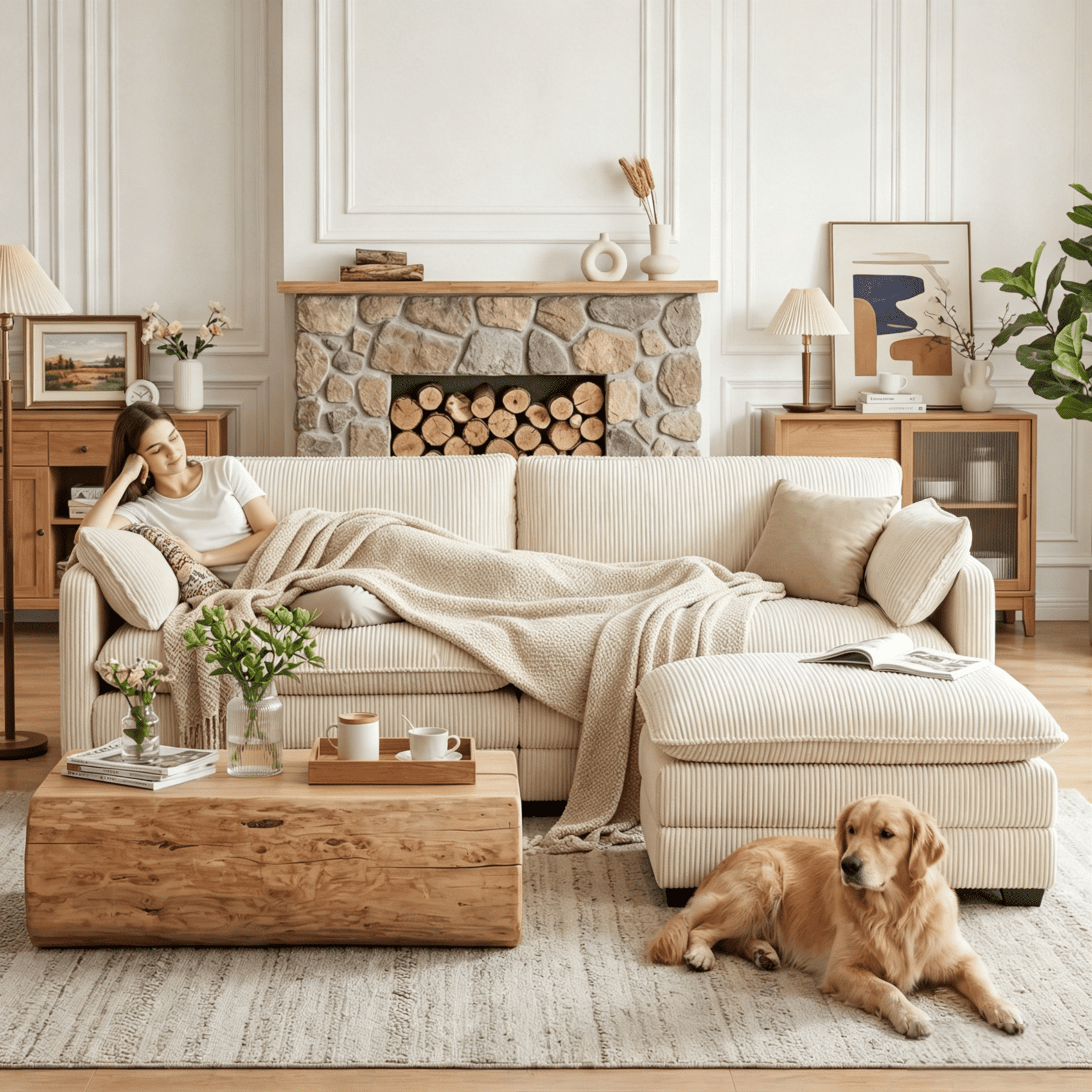 Noelse 75'' Love Seat with Movable Ottoman for Small Space Soft Corduroy Couch Sofa with 2 Pillows 2 Seater Modular Sectional Sofa for Living Room Bedroom and Apartment, Beige