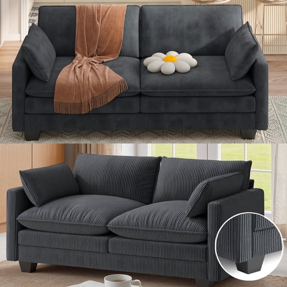 Sofa, Asofer 75" 2-Seater Modern Overstuffed Cloud Sofa with Double Layer High-Resilience Cushion, Pet & Kid Friendly Corduroy Fabric, Removable Washable, Dark Gray for Living Room & Small Spaces
