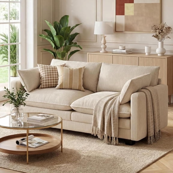 70'' Cloud Loveseat with Washable Cover for Small Space, Noelse Soft Corduroy Couch with 2 Pillows, 2 Seater Modular Sectional Sofa with Deep Comfy Seat Cushion for Living Room Bedroom, Beige