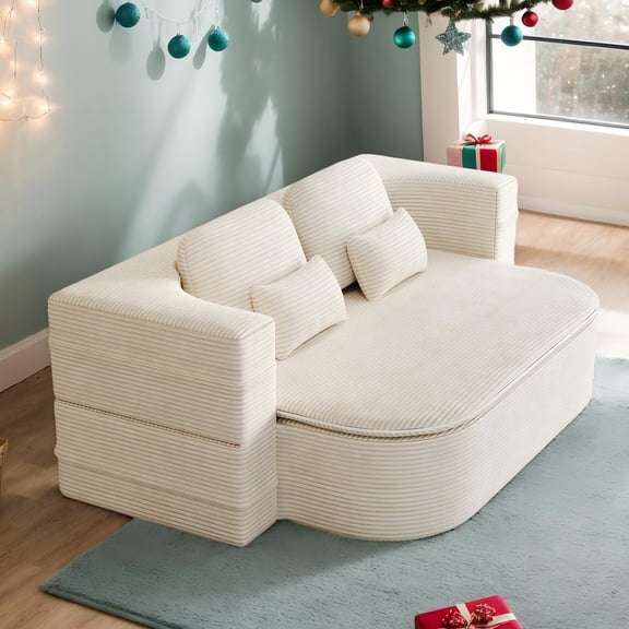 75'' Convertible Floor Folding Couch, 2-in-1 Sleeper Sofa Bed with Memory Foam, Foldable Sofa with 4 Pillows & Blanket for Living Room, Apartment, No Assembly Needed (Beige - Corduroy)