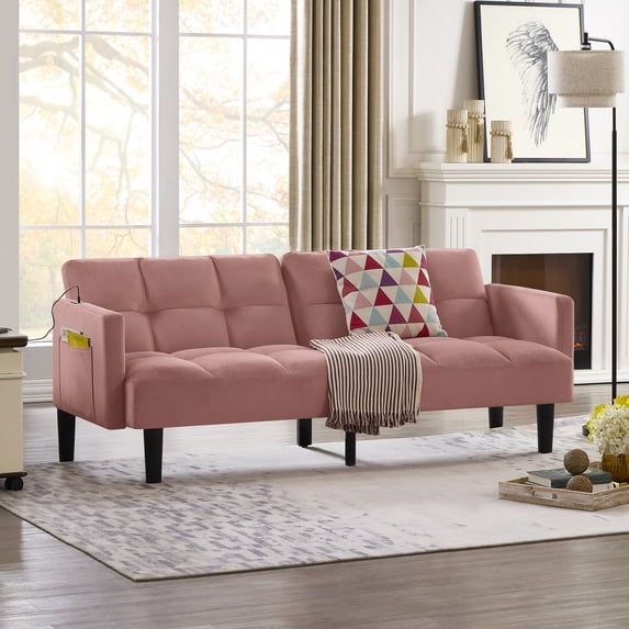 75" Convertible Folding Sofa Bed with USB Port, Velvet Futon Couch with Adjustable Backrest and Side Storage, Tufted Couch for Apartment, Living Room, Pink