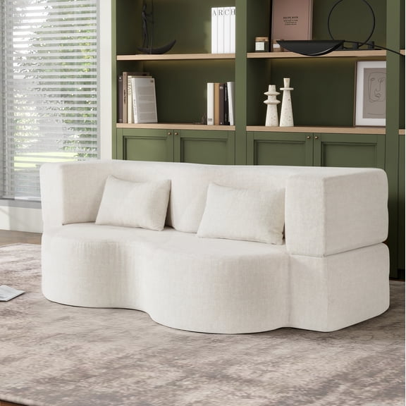 75" Convertible Frameless Sofa Bed Memory Foam Faux Fur Cloud Couch with 2 Pillows Compressed for Apartment Beige+Cream