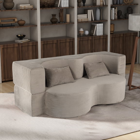 75" Convertible Frameless Sofa Bed Memory Foam Faux Fur Cloud Couch with 2 Pillows Compressed for Apartment Beige