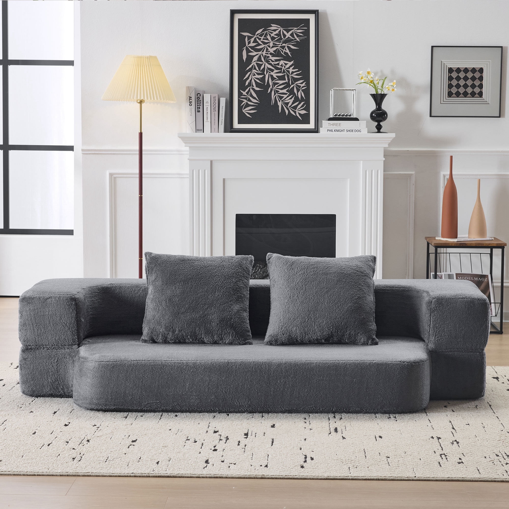 75'' Convertible Futon Sofa Bed, Foldable Mattress Cloud Couch with Pillow Back & Armrest, Faux Fur Floor Couch Lounge Sleeper Bed for Living Room/Bedroom,Gray
