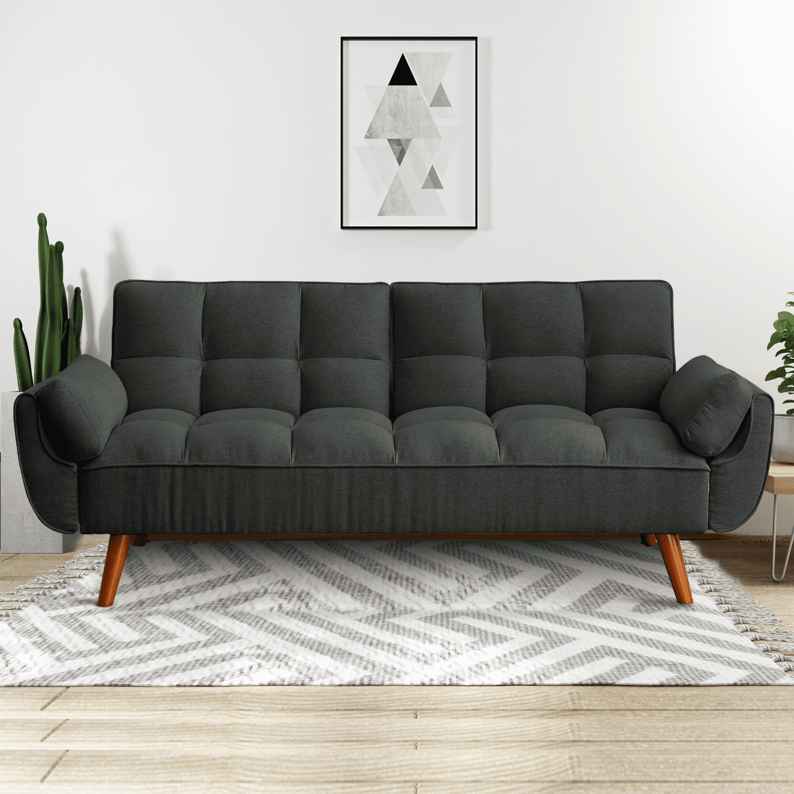 75" Convertible Futon Sofa Bed, Sleeper Sofa with Adjustable Backrests, Linen Loveseat Sofa with Wood Legs, Sofa Cama, Small Couch for Small Spaces, Living Room, Bedroom(Dark Gray)