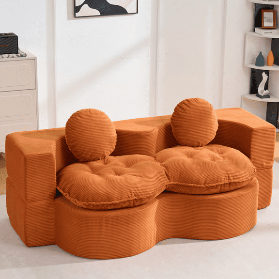 75" Convertible Sleeper Sofa Bed – Modern Folding Futon with Corduroy Fabric, Full-Size Guest Bed & 2 Pillows, Foam Compression Loveseat for Living Room, Apartment, Dorm, Orange