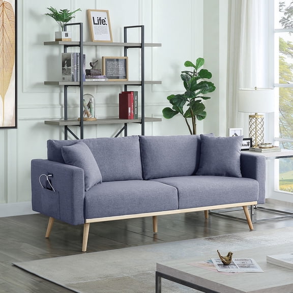 75" Dark Gray Linen With Ports, Pillows & Storage Pocket Option Couch , Extra Pockets