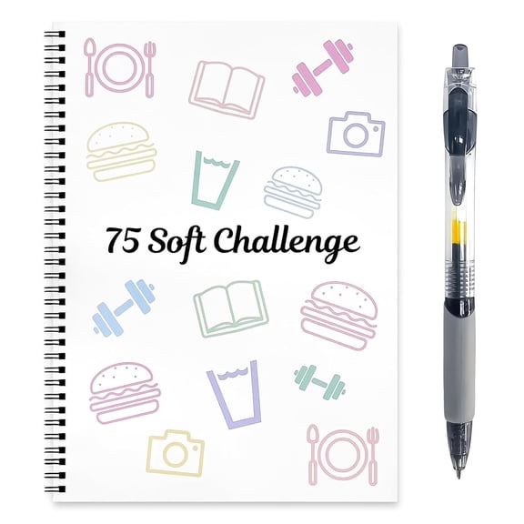 75-Day Soft Challenge Planner Notebook, 75 Easy Target Tracker Journal 75 page editable spiral notebook with weekly and monthly calendars for daily work, meal planning, and reading logs